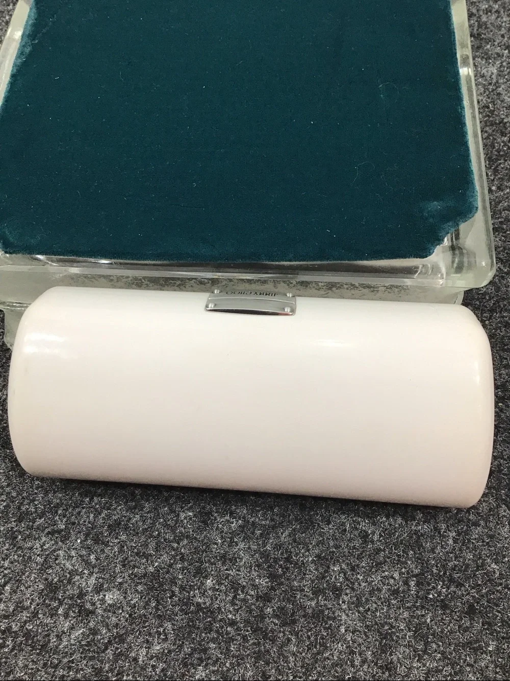 Jimmy Choo White Gloss Cylindrical Case with Metal Plaque hardshell